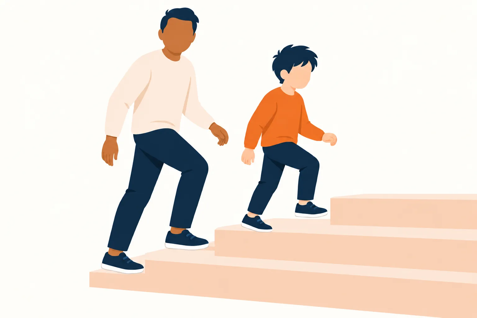 Een man en een jongen lopen samen een trap op
