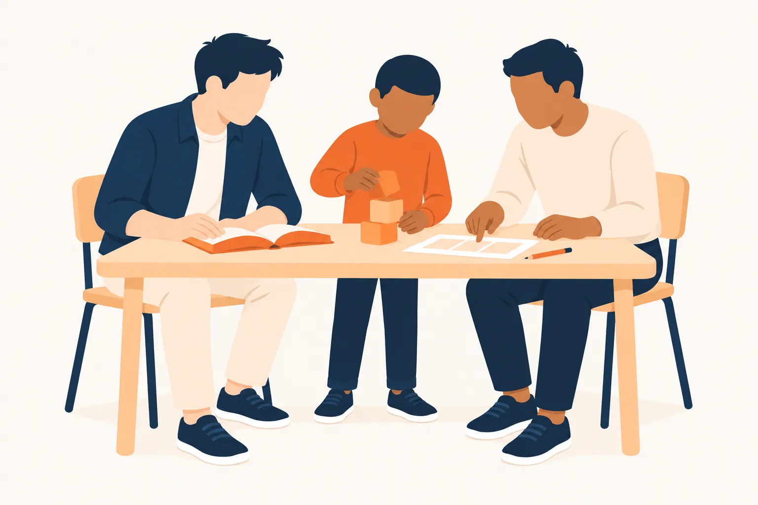 Twee mannen en een jongen aan een tafel met een boek, bouwblokken en een planning