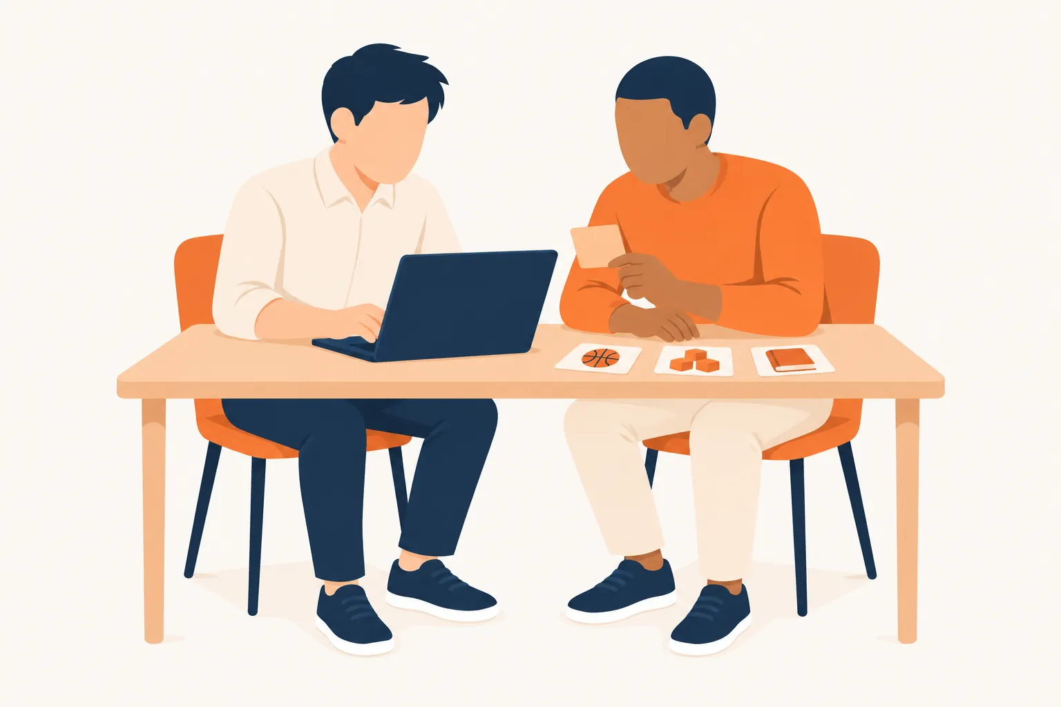 Twee collega's aan een bureau met een laptop en kaartjes van activiteiten