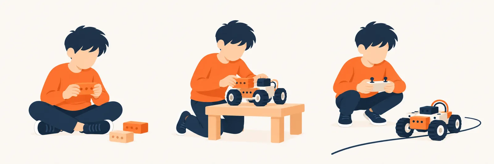 Een jongen bekijkt een bouwblokje, bouwt er een kleine robotauto van en test die met een afstandsbediening